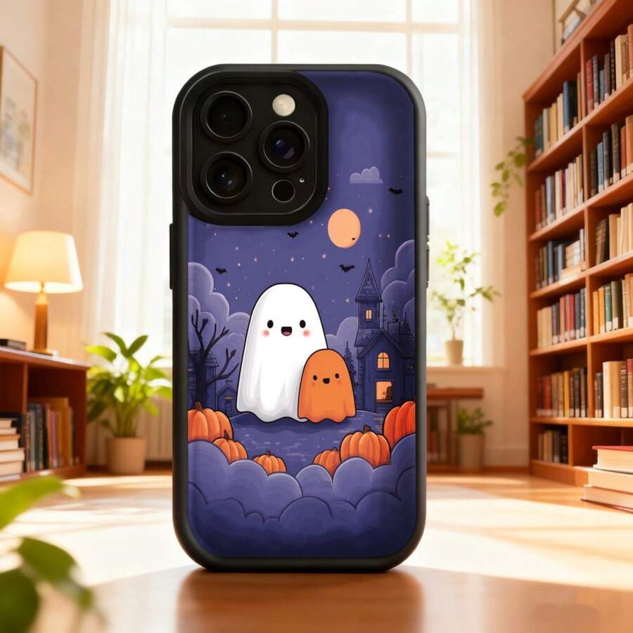 Fashion Mobile Phone Case Ghost Design Phone Cover Dark Blue Halloween Print With Kawaii Ghosts, Pumpkins And Haunted House, Ideal For Halloween Season - Burgundy - View 1