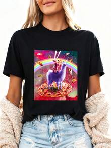 Laser Eyes Outer Space Cat Riding On Llama Unicorn T-Shirt001 - 黑色 - 查看 2