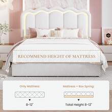 SHA CERLIN Twin/Full/Queen Upholstered Size Bed Frame With LED Lights, Adjustable Velvet Headboard With Wavy Design, Noise Free, Wooden Slats Platform Bed, Easy Assembly, No Box Spring Needed, White - 查看 7
