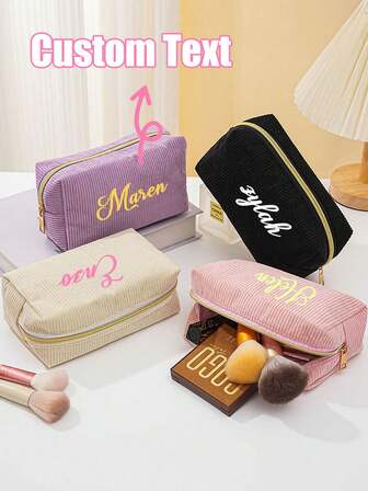 1pc Customized Name Makeup Bag, Customized Makeup Bag Storage Bag, Corduroy Makeup Pouch Custom, Suitable For Portable Toiletry Storage Travel, Gift For Bachelorette Party, Cosmetic Organizer, Wedding Bridal Shower Present, Sanitary Napkin Storage Bag