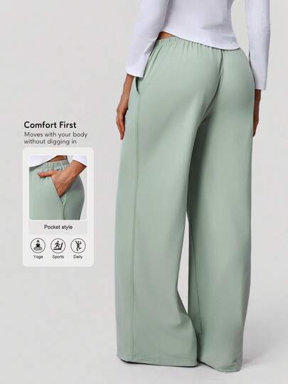 Sodalemon Women Elastic Loose Training Pants Elastic Waist Pockets Wide-Leg Gym Athletic Pants Solid Color Fitness Yoga Sport Pants