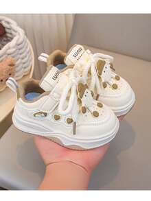 1 Pair Cartoon Character PU Material Pink Lace-Up Children's Sports Shoes, Fashion Versatile Comfortable Toddler Walking Shoes, Lightweight Casual Girls Running Shoes, Suitable For Daily Wear - Khaki - View 5