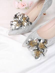 2件套可拆卸DIY鞋饰，仿鱼鳞装饰，彩色洋红色银色三角形，时尚优雅奢华高跟鞋鞋孔装饰，米色、粉色、香槟色、黑色、白色、橙色可选，适用于女士高跟鞋、凉鞋、浅口鞋，适合工作、商务、约会、派对、假日等场合。 - 銀色 - 查看 5