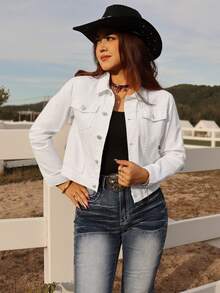 Áo khoác denim nữ màu trắng dáng ngắn ôm sát - Phong cách miền Tây giản dị, phù hợp cho trang phục thường ngày, chụp ảnh ở trang trại và phối đồ đa năng. - trắng - Xem 2