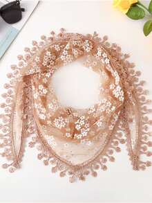 1 pieza Bufanda de encaje con estampado floral de unicolor a la moda con flecos, adecuada para uso diario - Multicolor - Ver 7