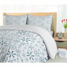 Winter Duvet Cover Set, Merry Theme Delicate Snowflakes, Vintage Holiday Pattern, 3 Piece Bedding Set With 2 Pillow Shams, Size, Teal White - Dark Green and Fuchsia - View 4