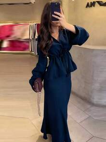 2pcs/Set Elegant Drawstring Waist Ruffle Hem Top And Long Skirt Suit - Autumn Women's 2 Pieces Set, Elegant & Fashionable, Coffee Brown, Winter Clothing, Christmas Outfit, New Year Outfit, Elegant Party Set, Elegant Ladies Suit, Casual Wear, Resort Wear, Summer Resort Wear, Navy Blue - Navy Blue - View 2