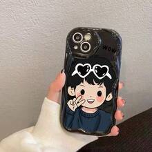 Dark Blue Sweater Heart-Shaped Sunglasses Print And WOW Text Pattern Phone Case, Non-Slip Surface, Exquisitely Designed, Suitable For IPhone 11 Pro Max, 12 Pro, 13 Pro Max, 14 Plus, 15 Plus, 16 Plus, 16 Pro Max, 16e, 17 Pro Max, 17 Pro Max, And Apple Air. - Black - View 18