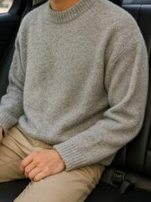 Vintage Elegant Men's Solid Color Round Neck Drop Shoulder Long Sleeve Loose Fit Sweater - Grey - View 2