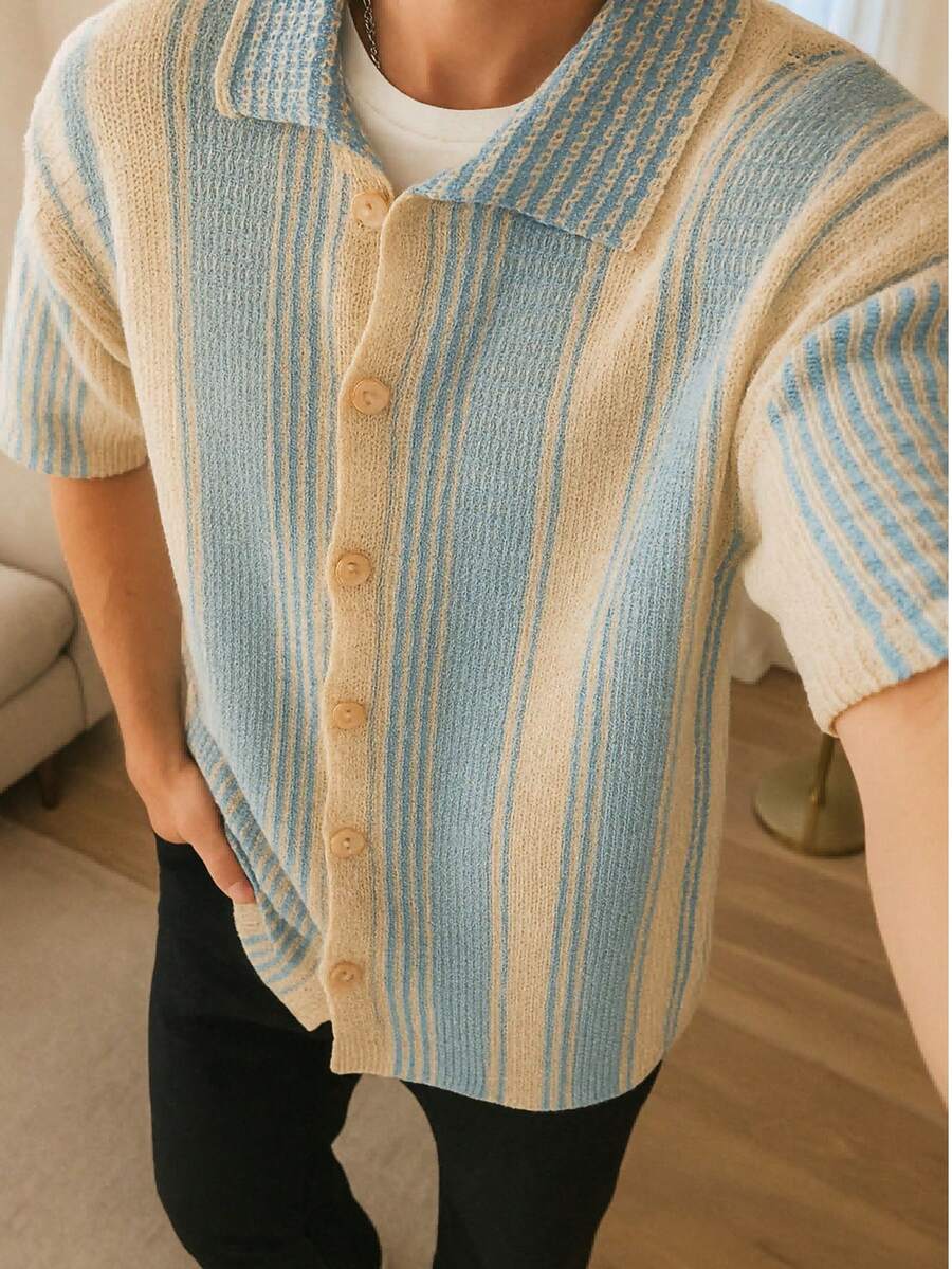 White Yue Summer Retro Collar Lightweight Tie-Up Contrast Color Knit Top For Men, Christmas, New Year Attire - Blue - View 1