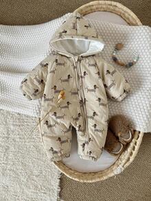 Newborn Baby Boy Cartoon Dog Print Zip-Up Hooded Jumpsuit, Thick & Warm For Winter - Ginger - View 3
