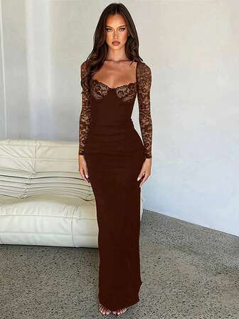 Fashionable Sexy Lace Patchwork Fitted Long Sleeve Dress
