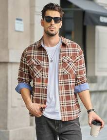 Flannel Shirt For Men Cotton Long Sleeve Plaid Shirt Lightweight Button Up Checkered Shirt Jacket With 2 Pockets - 棕色 - 查看 2