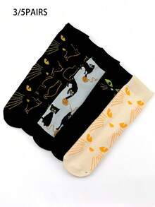 3/5 pares de calcetines para hombre, diseño de gato negro de dibujos animados adecuado para Halloween, calcetines divertidos y de uso urbano para hombre hasta el tobillo