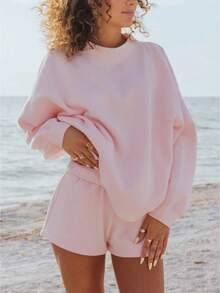 Women's Lazy Style Sweatshirt Shorts Set Oversize Design Sweet Style Versatile For Daily Casual Looks - 粉色 - 查看 1