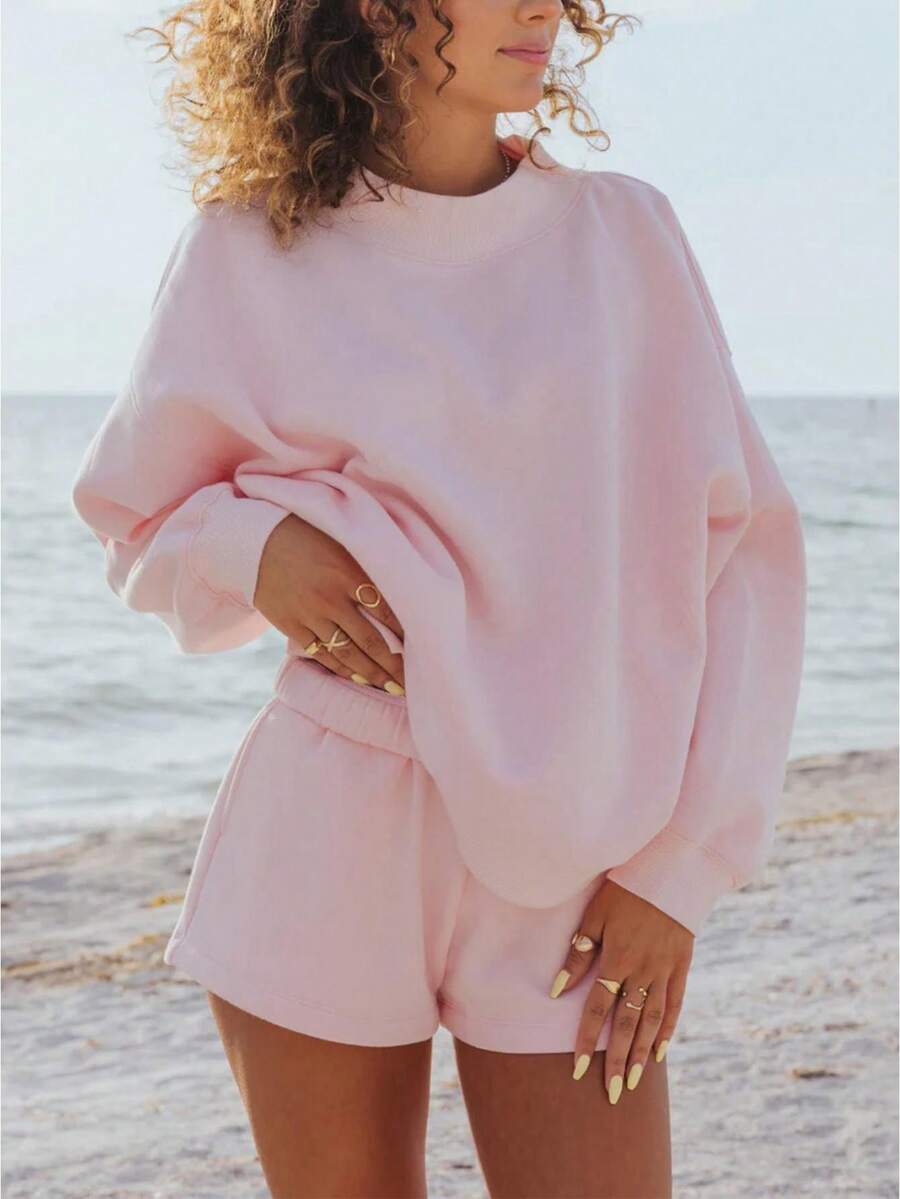 Women's Lazy Style Sweatshirt Shorts Set Oversize Design Sweet Style Versatile For Daily Casual Looks - 粉色 - 查看 1
