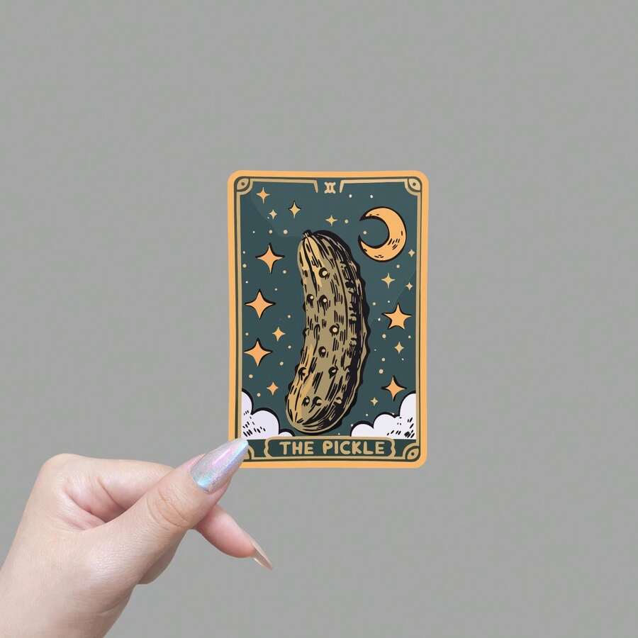 Card 'THE PICKLE' Vinyl Sticker - Mystical, Witchy, Fortune Teller Design With Cactus & Stars, Glossy Reusable Decal For Witchcraft Reading