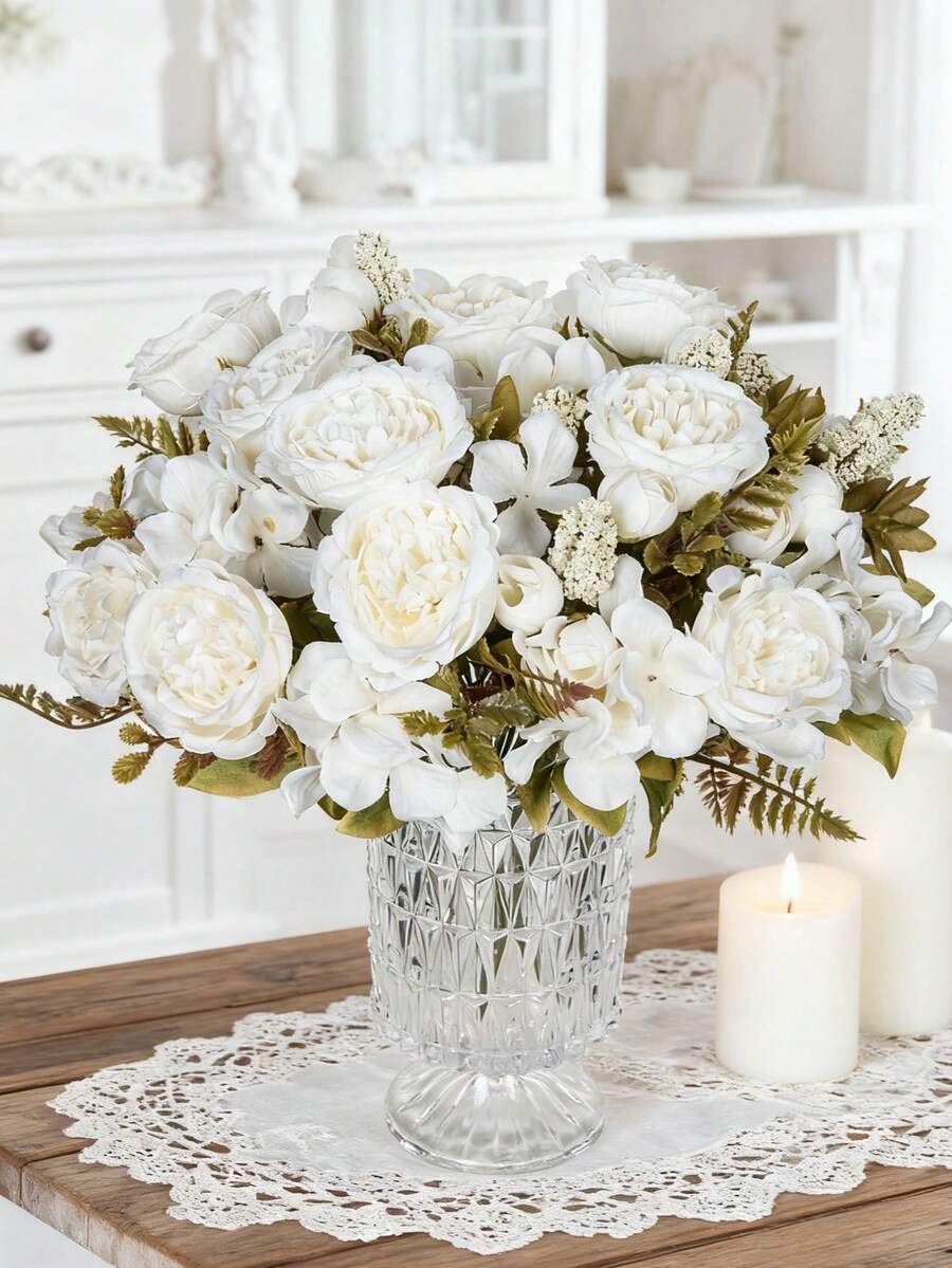 Buchet de bujori artificiali, 12,6 inci, cu trandafiri Prințesa Mary, trandafiri vintage francezi, crizanteme și respirația bebelușului, potrivit pentru decor de primăvară, petreceri de ziua de naștere, întâlniri, buchete de mireasă, decor pentru casă, restaurante, dormitoare, pervazuri, vaze, Ziua Îndrăgostiților, decor de Anul Nou, grădini exterioare, decor de bal, cadouri de Ziua Îndrăgostiților. - alb - Vizualizare 1