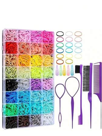 2011件套女士发饰套装 - 2000个发圈，32种颜色，2个美发工具，3把梳子，5个发夹和一个收纳盒 - 纯色塑料美发工具套装，适合所有发质，非常适合徒步旅行和户外活动，包含抓夹，美发工具套装