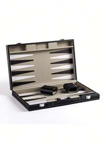 15-Inch Black PU Leather Backgammon Set - Classic 2-Player Travel Backgammon Set With 32 Pieces, Dice And Cups