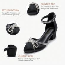 1 Pair Girls Sandals Closed Toe High Heels Pointed Toe Ankle Strap Pumps Flower Girl Dressy Shoes In Wedding Party Cute Bowknot Chunky Block Heeled For Little Big Kids - 緞面黑 - 查看 4