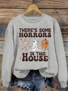 Winter Clothes For Women Christmas Outfit WomenSimple And Monotonous Cartoon Text Interesting Print Soft Cozy Pullover Sweatshirt WithCrewneck Sweatshirt , Long Sleeves, Plus Size Crewneck Sweatshirt , Cartoon Character Design For Cozy, Fall/Winter Casual Wear For Women. Loose And Comfortable Women's Sweatshirts - 灰色 13 - 查看 5