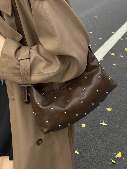 BEIKAMU Fashion Rivet Decor PU Crossbody Bag, Verstelbare Schouderband Ritssluiting Veelzijdige Schoudertas Messenger Bag, Geschikt voor Universiteit, Woon-werkverkeer, Winkelen, Wandelen, Dagelijks Gebruik