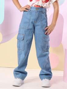 Girls' Wide Leg Cargo Jeans With Pockets - 中等水洗藍 - 查看 2