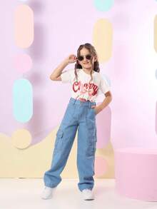 Girls' Wide Leg Cargo Jeans With Pockets - 中等水洗藍 - 查看 7