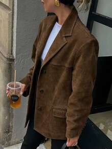 TRAFZA 女士麂皮西装外套，休闲法式设计，时尚单排扣上衣 - 棕色 - 查看 1
