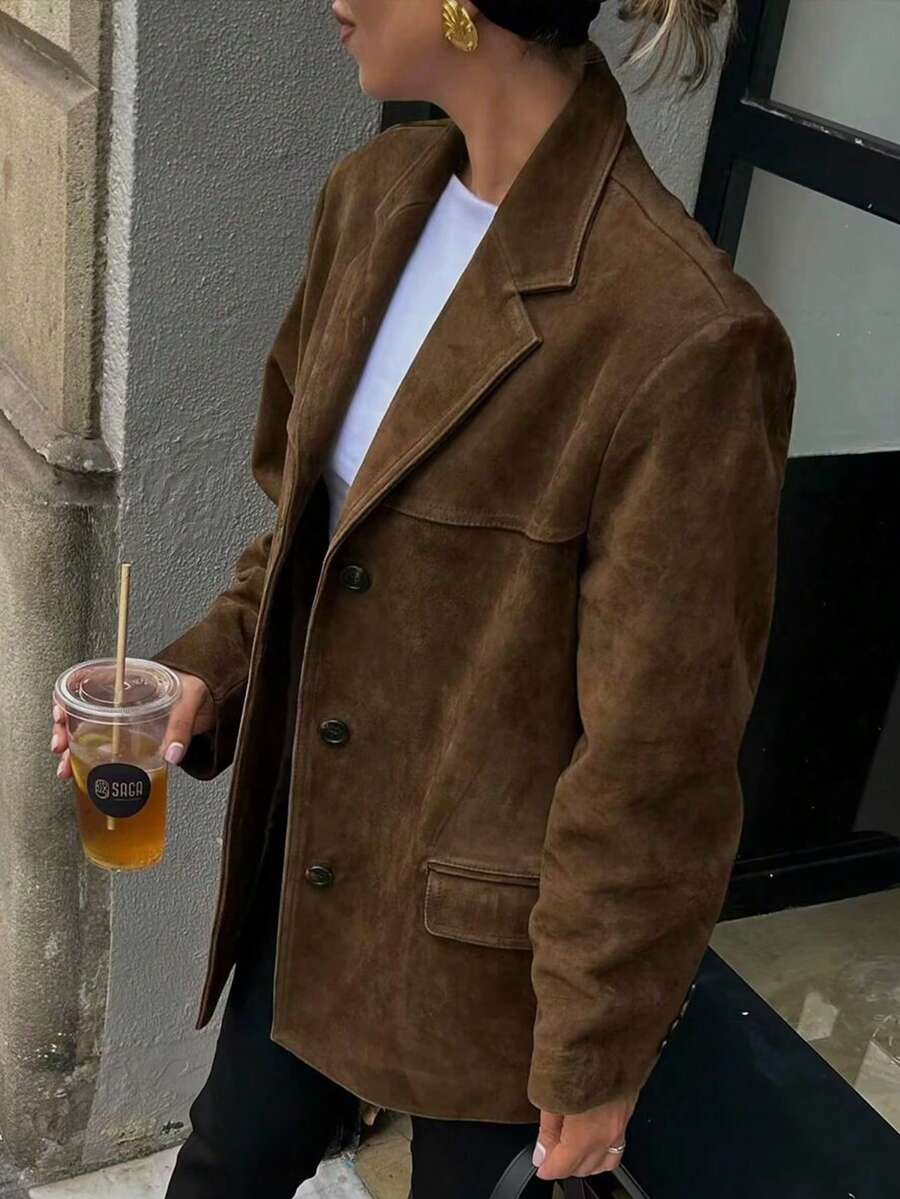 TRAFZA 女士麂皮西装外套，休闲法式设计，时尚单排扣上衣 - 棕色 - 查看 1