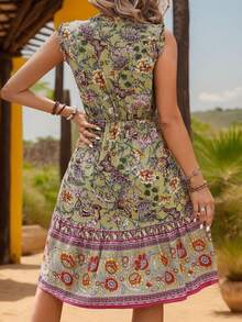 Váy đi nghỉ mát thường ngày họa tiết Paisley toàn thân mới thời trang, viền xếp nếp, phía trước xoắn dành cho nữ - Màu Khaki - Xem 4