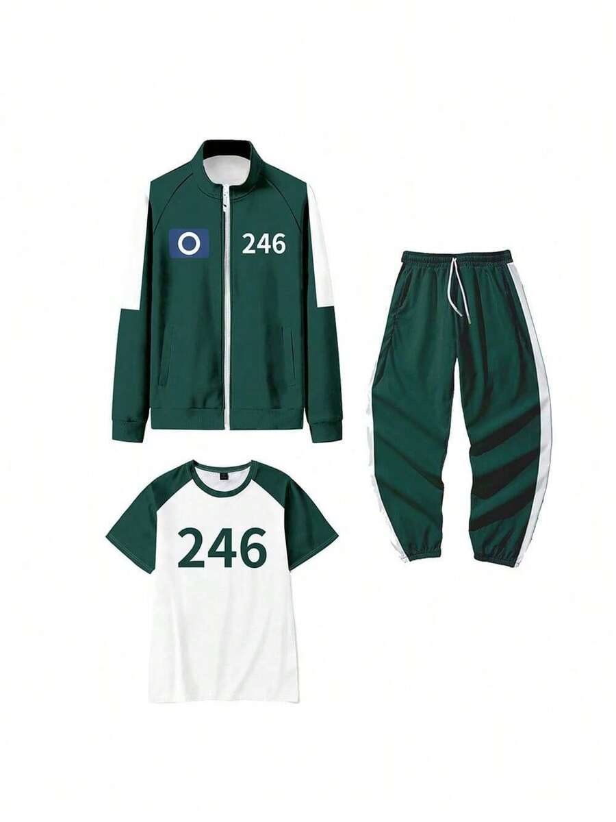 COS Halloween Stage Costume 3 Piece Jacket Sweatshirt Pants Long Short Sleeve Cosplay Costume Dark Green - Dark Green 246 - View 1