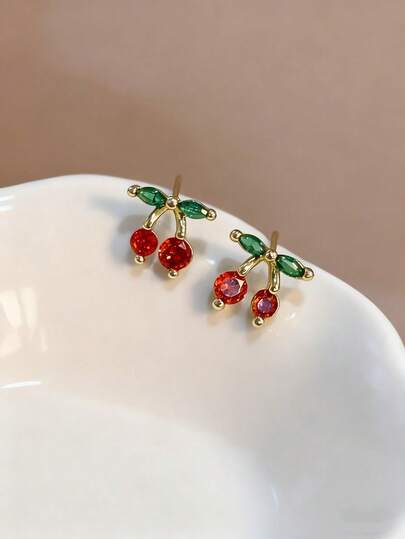 一对彩色锆石绿叶樱桃耳钉，优雅女士珠宝，高端礼品