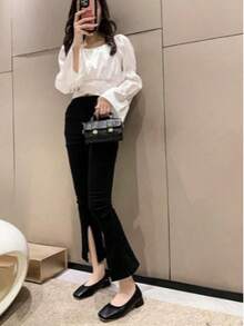 2025新款时尚女式方头简约基础款黑色低跟平底鞋 - 黑色 - 查看 7