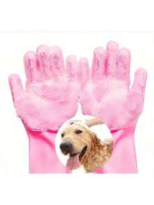 1 Pair Of 2-In-1 Silicone Dishwashing & Pet Grooming Gloves - Heat-Resistant, High-Density Bristles, Enhanced Five-Finger Design, Suitable For Bathing Dogs/Cats, Dish Cleaning & Car Detailing (Pink) - 粉色 - 查看 7