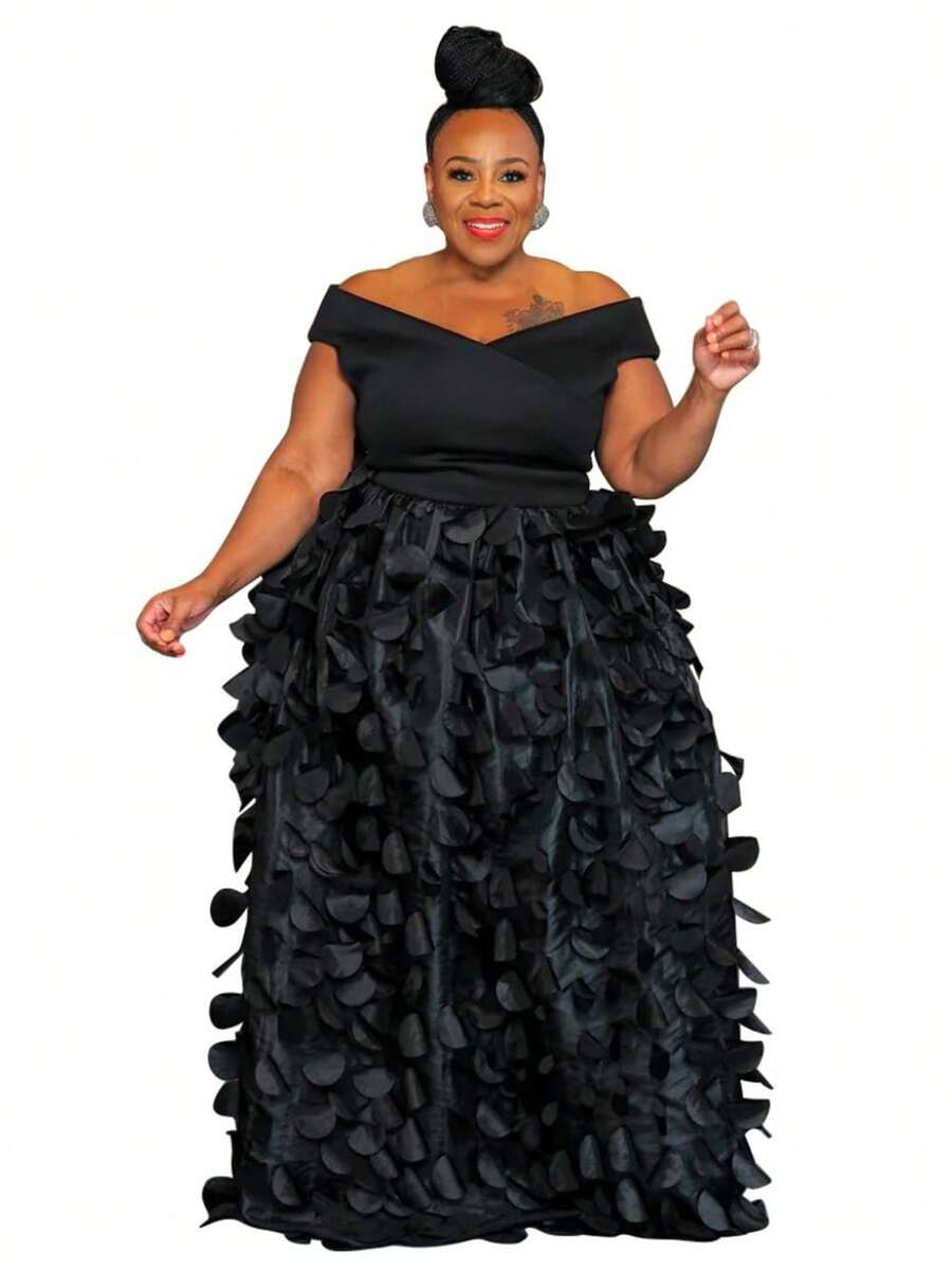 Plus Size Women's Dress, High Waist, Cinched Waist, One-Shoulder, Slim Temperament, Elegant Banquet Evening Dress - màu đen - Xem 1