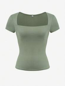 GLAMSKIN 女款夏秋基礎款純色方領短袖短版 T-shirt，Y2K 性感修身休閒上衣，開學季戶外日常街頭穿搭 - 豆綠色 - 查看 3