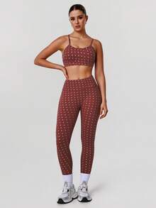 Sodalemon Women Polka Dot Training Fitness Set Adjustable Strap Cross Back Sport Bra Elastic No Front Seam Hip Lift Yoga Leggings Casual Running Sport 2PCS Set - 紅色 - 查看 8