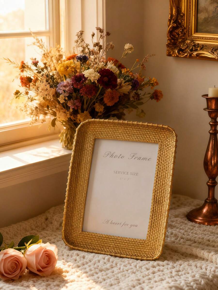 1件复古藤编相框，饰以优雅金色编织细节，波西米亚风家居装饰必备单品，适用于卧室、客厅和桌面，是生日和周年纪念日送给她的完美礼物之选，为任何空间注入浪漫、温馨和复古的氛围，是复古爱好者的必备美学装饰品。 - 彩色 - 查看 1