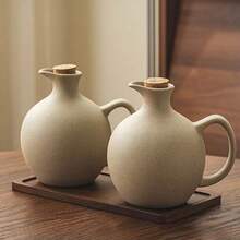 2 pezzi/1 pezzo Bottiglia di ceramica per olio da 500ml (17oz)/600ml (20oz) con coperchio in sughero morbido, dispenser da cucina rotondo per salsa di soia, aceto, olio d'oliva e olio di arachidi - Castano - Visualizzare 9