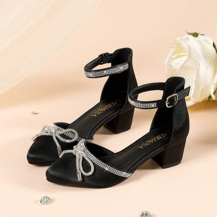 1 Pair Girls Sandals Closed Toe High Heels Pointed Toe Ankle Strap Pumps Flower Girl Dressy Shoes In Wedding Party Cute Bowknot Chunky Block Heeled For Little Big Kids - 緞面黑 - 查看 1