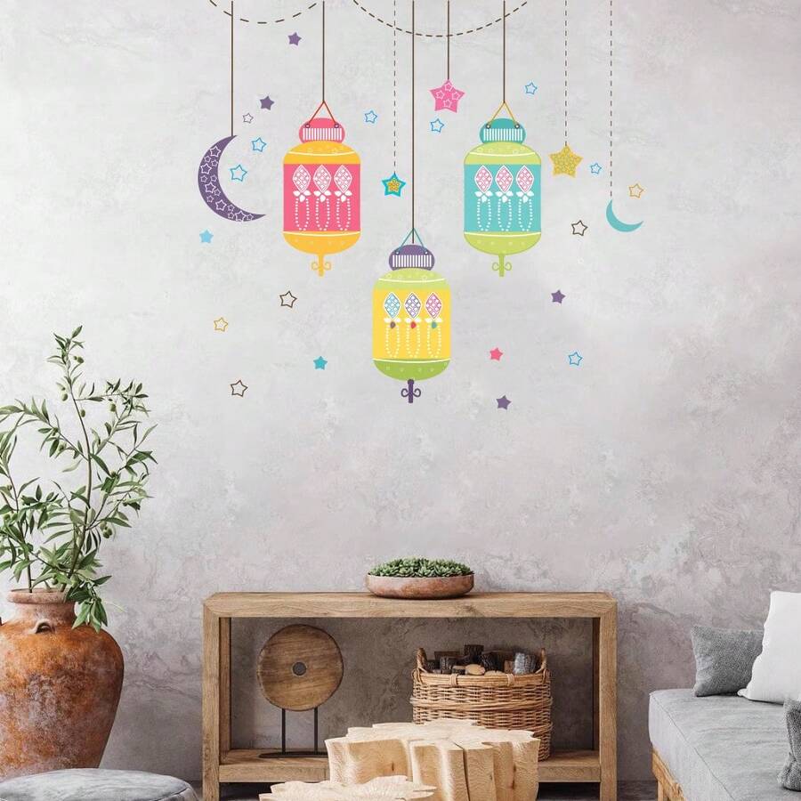 Eid Mubarak Colorful Star & Moon Lantern Waterproof Removable Wall Stickers - Multicolor - View 1