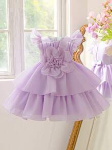 Vestido elegante de tul con purpurina 3D con cuello redondo y flores para niñas, adecuado para fiestas de cumpleaños, bodas y salidas, no incluye diadema - Púrpura malva - Ver 5