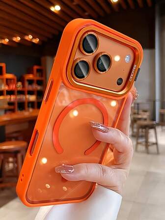 Funda de carga inalámbrica magnética de lujo en color naranja compatible con iPhone 17 Pro Max, Air 16, 15, 14, 13, 12 Pro Max Plus, con protector de lente de metal independiente, placa trasera de acrílico a prueba de golpes y cubierta transparente HD