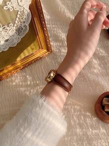 1块棕色圆形PU皮革方形女士石英表，时尚优雅，适合日常佩戴，生日/毕业礼物，派对礼物 - 棕色 - 查看 4