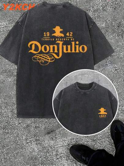 Y2KCHAOS Oversized Streetwear Style Casual Graphic Tee Don Julio Tequila Logo Print Men's Fashion Statement Top Vintage Style 250 Washed Cotton T-Shirt Men's T-Shirt