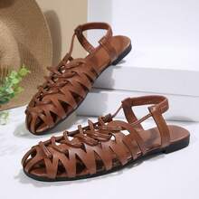 Women's Vintage Style Woven Hollow Closed Toe Chunky Heeled Sandals, Versatile Summer/Spring/Fall Retro Roman Shoes - Brown - View 18