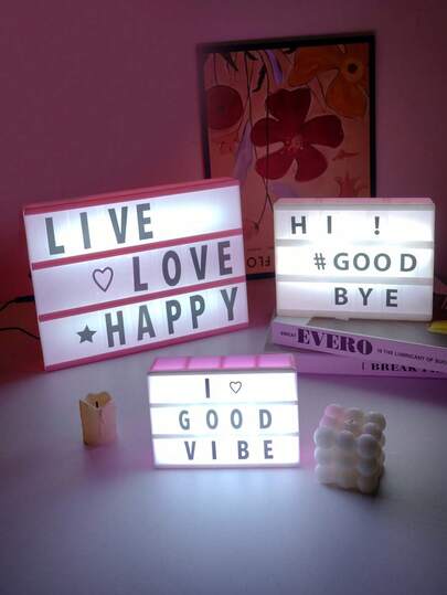 1个粉色/A5/A4电池供电灯箱，带黑色拼图卡片和USB线，可DIY字母造型灯，适用于床头、卧室、求婚、生日、圣诞装饰、派对、露营，LED小彩灯
