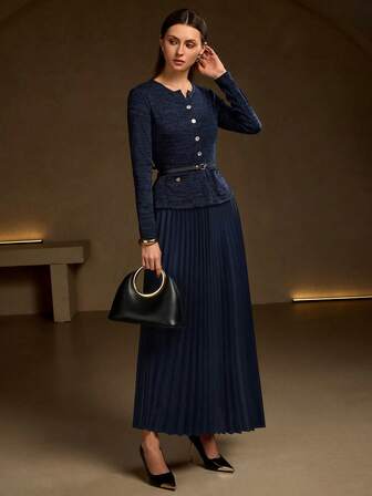 Women's Elegant Vintage Mid-Length Dress - Long Sleeve, Knit And Woven Fabric Mix, Ruffle Details, Metal Buttons, Metal Waist Belt, Suitable For Business Casual, Graduation, Wedding Season, Christmas, And Formal Occasions